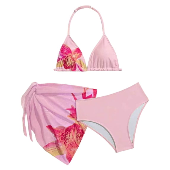 Emitonse Swimsuit Bikini Teen Girl 3 Piece,Girl's 3 Piece Bow Print Swimsuit Spaghetti Strap Crop Top Bikini Set Cute Mesh Ruched Cover Up Skirt Light Pink,Size 9-10 Years