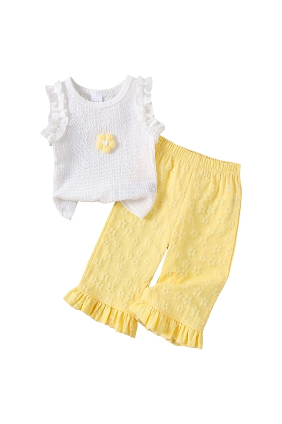 Toddler Baby Boy Girl Fall Clothes Winter Outfit Girls Knitted Floral Flower White Long Sleeved Top Pants Yellow,Size 12-18 Months