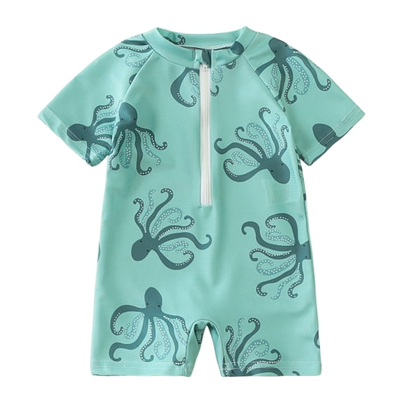 Emitonse Toddler Baby Boy One Piece Swimsuit Toddler Boy Swimsuits Zip Up Short Sleeve Bathing Suit Sea Animals Coconut Tree Print Rash Guard Swimwear Green,Size 2-3 Years
