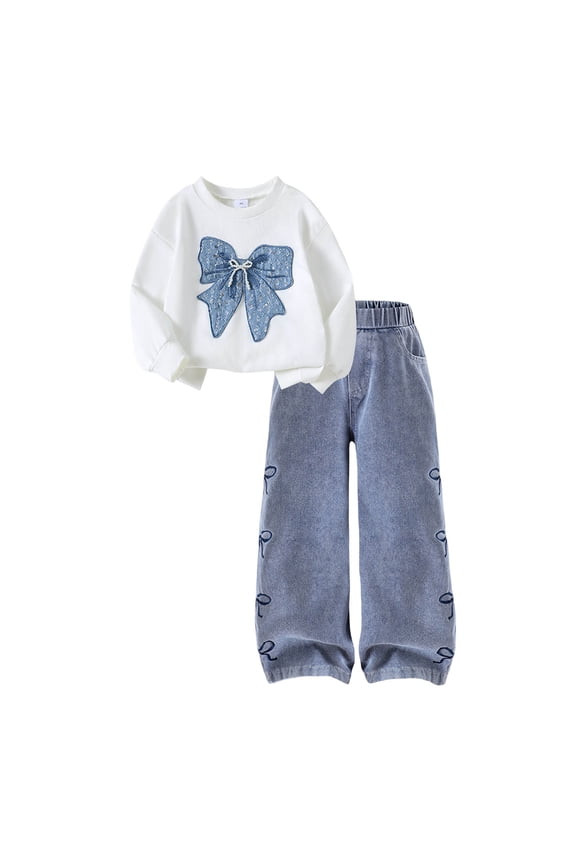 Toddler Baby Girl Clothes Girls Spring Trendy Set Bow Tied Long Sleeved Jeans Pants White,Size 3-4 Years