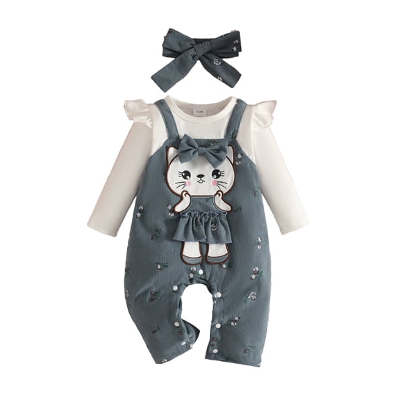 Emitonse Toddler Baby Girl Sweatshirt Set Baby Girl Clothing Outfits Winter Cute Love Print Romper Cartoon Overalls Trousers Headband Clothing Set Navy,Size 6-12 Months