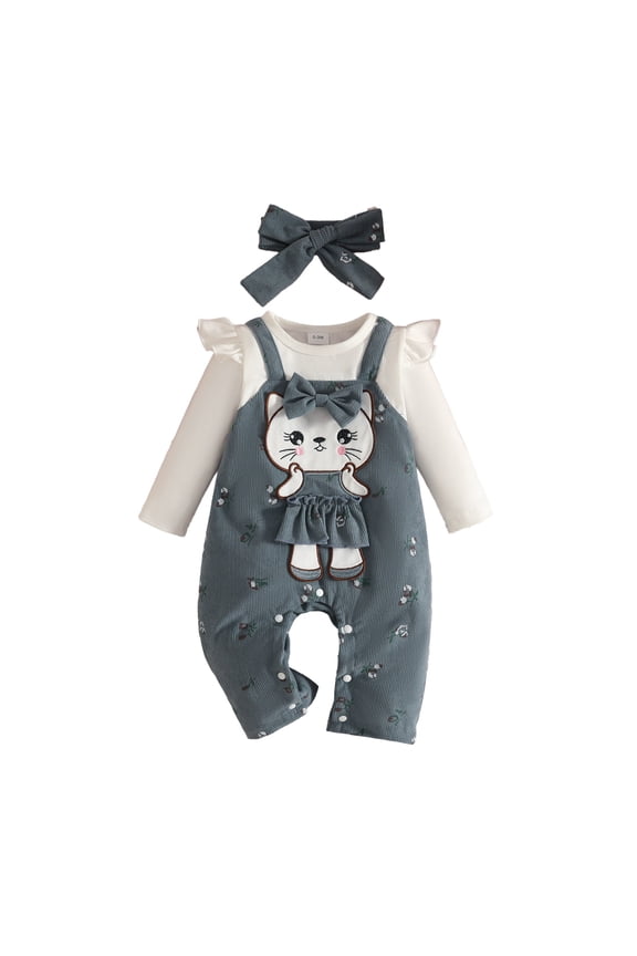 Toddler Baby Girl Sweatshirt Set Baby Girl Clothing Outfits Winter Cute Love Print Romper Cartoon Overalls Trousers Headband Clothing Set Navy,Size 6-12 Months