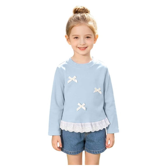 Emitonse Toddler Baby Girls T Shirts Girls' Cute Casual Bow Knotted Lace Edge Cardigan Top For Babies Long Sleeved Blue,Size 4-5 Years