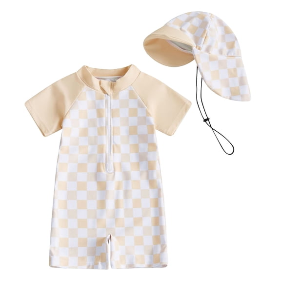 Emitonse Toddler Floatation Swimsuit Kids Cap + Short Sleeve Stylish Cute Kids Swimsuit Light Yellow,Size 1-2 Years