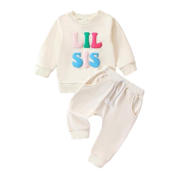 Emitonse Toddler Girl Fall Clothes Toddler Girl Clothes Girls' Spring Cute Letter Printed Long Sleeved T Shirt With Drawstring Pants T Shirt Set 2pcs Set White,Size 6-9 Months