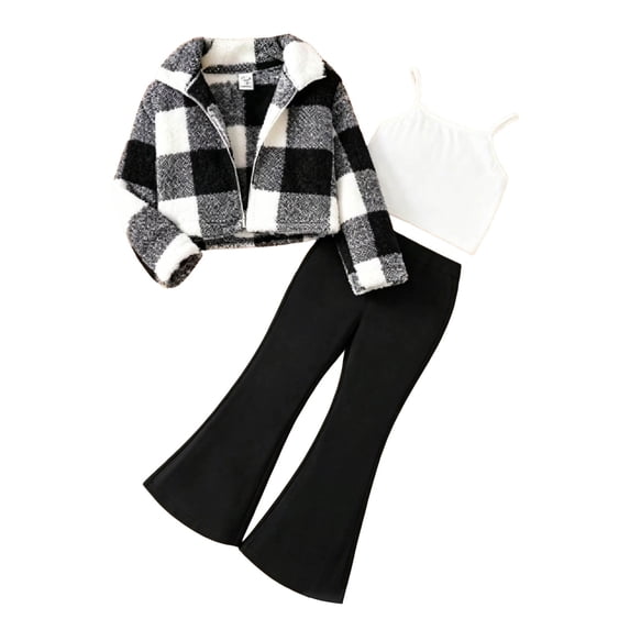 Emitonse Toddler Girl Fall Winter Clothes Girls Fall Spring 3pcs Set Long Sleeve Plaid Top In White Sleeveless Top Flared Pants Black,Size 4-5 Years