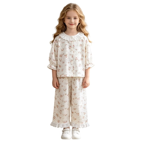 Emitonse Toddler Girl's Fall Outfit Girls Mid Length Sleeve Long Pants Set Comfortable Breathable Heart Print Girls Home Sleepwear Set Light Pink,Size 13-14 Years
