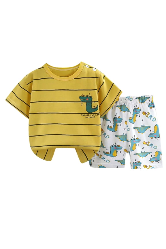 Toddler Kids Boy Summer Clothes Toddler Boys Activewear Outfit Sets Boys Comfortable Short Sleeved Twopiece Set With Cute Cartoon Print Yellow,Size 18-24 Months