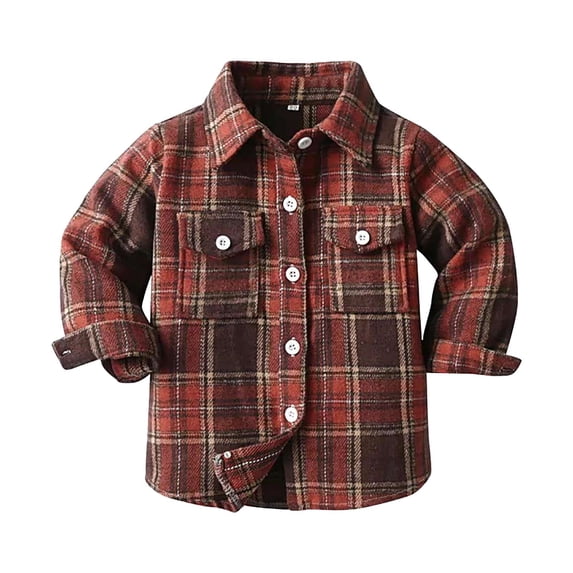 Emitonse Toddler Long Sleeve T Shirts Toddler Boys Girls Plaid Shirt Jacket Long Sleeve Lapel Button Coat Fall Casual Outwear With Pocket Brick Red,Size 4-5 Years