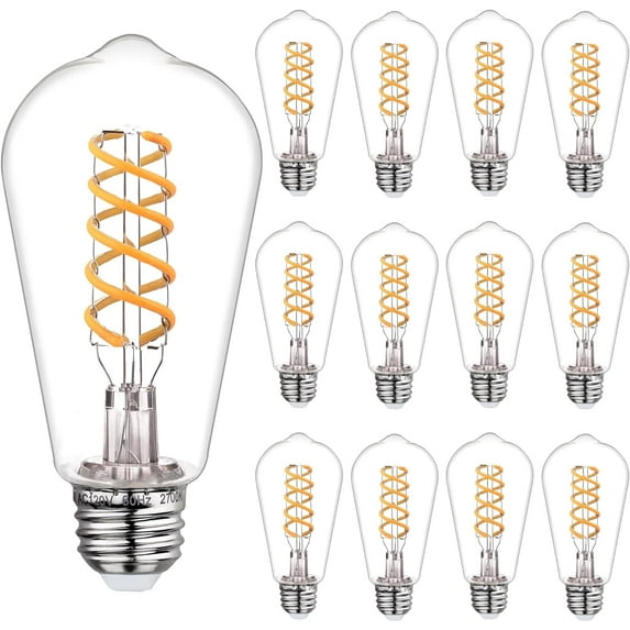 Emitting ST58 LED Edison Bulb, E26 Base, 6W 60W Equivalent, 2700K Warm White, Antique Flexible Spiral Filament Decorative Plastic Light Bulbs, 12-Pack