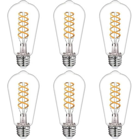 Emitting ST58 (ST19) LED Bulb, 6W Equivalent to 60W, E26 2700K Warm White, Antique Flexible Spiral LED Filament Plastic Light Bulbs - 6Pack
