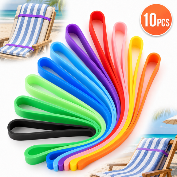 Emlimny 10 Pack Beach Towel Bands, Stretchable Chair Clips - Windproof Elastic Holder Straps Secure Towels on Beach Chairs, Cruise Loungers, Pool Chairs, Outdoor Furniture