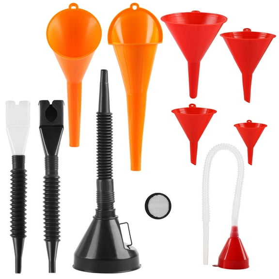 Emlimny 10 Pcs Automotive Funnels Set, Oil Funnel Kit,Wide Mouth Fuel Funnels, Plastic Long Neck Oil Flexible Right Angle Funnelss, with Detachable Spout and Filter, Plastic Funnel Set