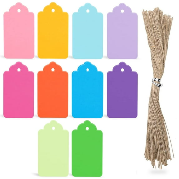 Emlimny 100 PCS Gift Tags with String Attached, 1.7x2.8 inch Colored Gift Tags for Presents DIY Crafts Clothes Holiday Wedding Party Favors