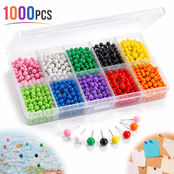 Emlimny 1000PCS Multi-Colored Map Push Pins 1/8-Inch Plastic Beads Head with Stainless Point, 10 Assorted Colors (100PCS Each Color) for Bulletin Boards, Fabric Marking, Office