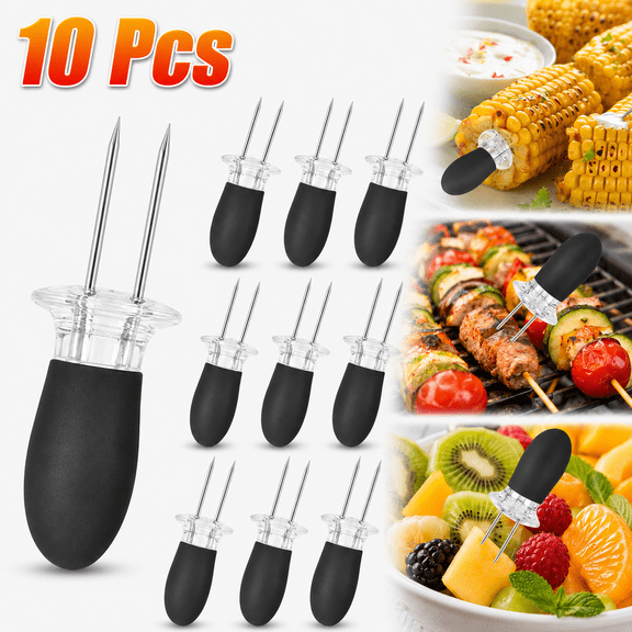 Ustris 10Pcs/5 Pairs Corn Holders, Stainless Steel Corn on The Cob BBQ Fork Skewers for Home Cooking Parties Camping(Black)