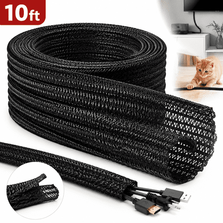 Emlimny 10ft - 1/2 inch Cord Protector Wire Loom Tubing Cable Sleeve Split Sleeving for USB Cable Power Cord Audio Video Cable – Protect Cat from Chewing Cords - Black