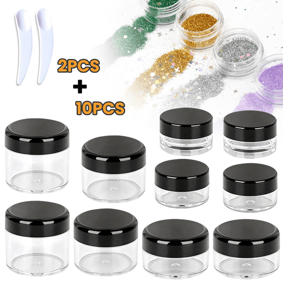 Emlimny 10pcs Small Travel Containers, Black Sample Jars with Screw Lids, 5 Size 3/5/10/15/20 Gram,2pcs Mini Disposable Spatula, Makeup Sample Containers BPA Free