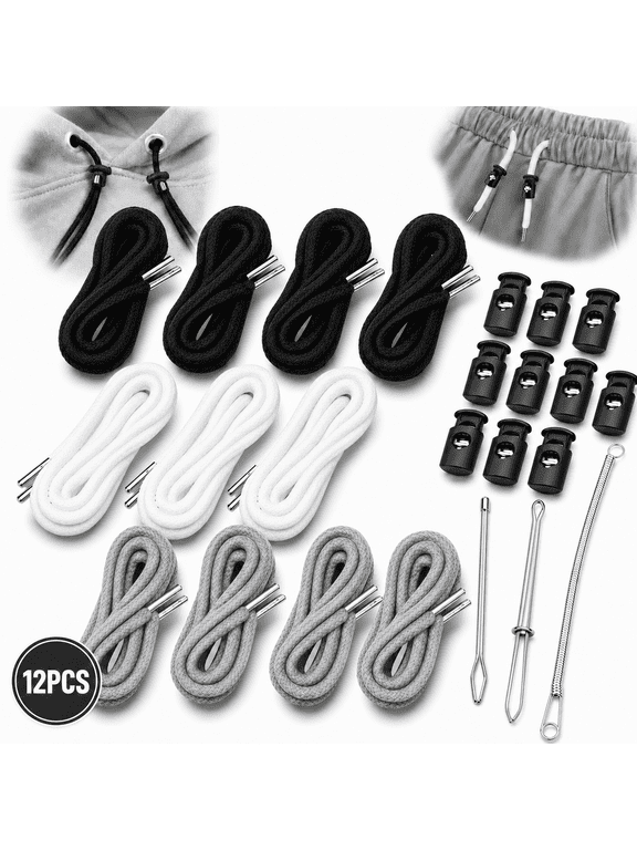 12-Pack Hoodie Drawstring Cord Replacement with 10 Cord Locks & 3 Threader Tools, Flat Adjustable Strings for Sweatpants, Jackets, Coats, Shorts, Pants | Repair Kit, Clothing Accessories