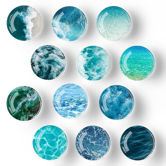 Emlimny 12 Pcs Glass Strong Refrigerator Magnets, Ocean Pattern Series Magnets Whiteboard Magnets Glass Fridge Magnets for Office Cabinets Round Fridge Stickers Home Kitchen Decor