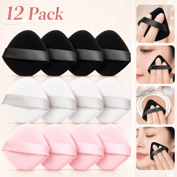 Ustris 12 Pieces Triangle Powder Puff Makeup Sponge, Soft Velour Makeup Puff for Powder Black Makeup Sponge Powder Puffs for Face Powder Face Makeup Tools (Black + White + Pink)
