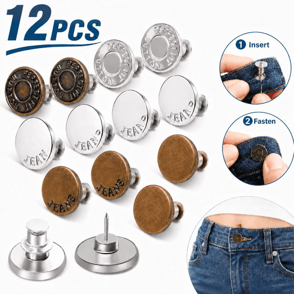 Emlimny 12 Sets Button Pins for Loose Jeans, No Sew and No Tools Jean Buttons Pins，Instant Replacement Snap Tack Pant Button,  Reusable and Adjustable Metal Pants Button Tightener
