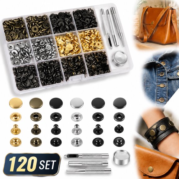 Emlimny 120 Set Leather Snap Fasteners Kit, 12.5mm Metal Button Snaps Press Studs with 4 Setter Tools, 6 Colors Leather Snaps for Clothes, Jackets, Jeans Wears, Bracelets, Bags