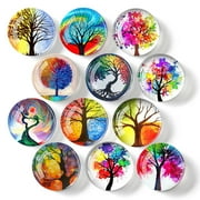 Emlimny 12Pcs Glass Strong Magnetic Refrigerator Magnet Fridge Sticker - Round Life Tree Glass Fridge Decoration, Office Whiteboard Magnet for Cabinet, Dishwasher, Cabinet and Locker