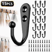 Tattom 15Pcs Black Wall Mounted Coat Hooks Wall Hooks for Hanging Towel/Coat -15 lb Screw in Metal Hanger Wall Mount,Hanger Hook with 30 Pieces Screws for Outdo