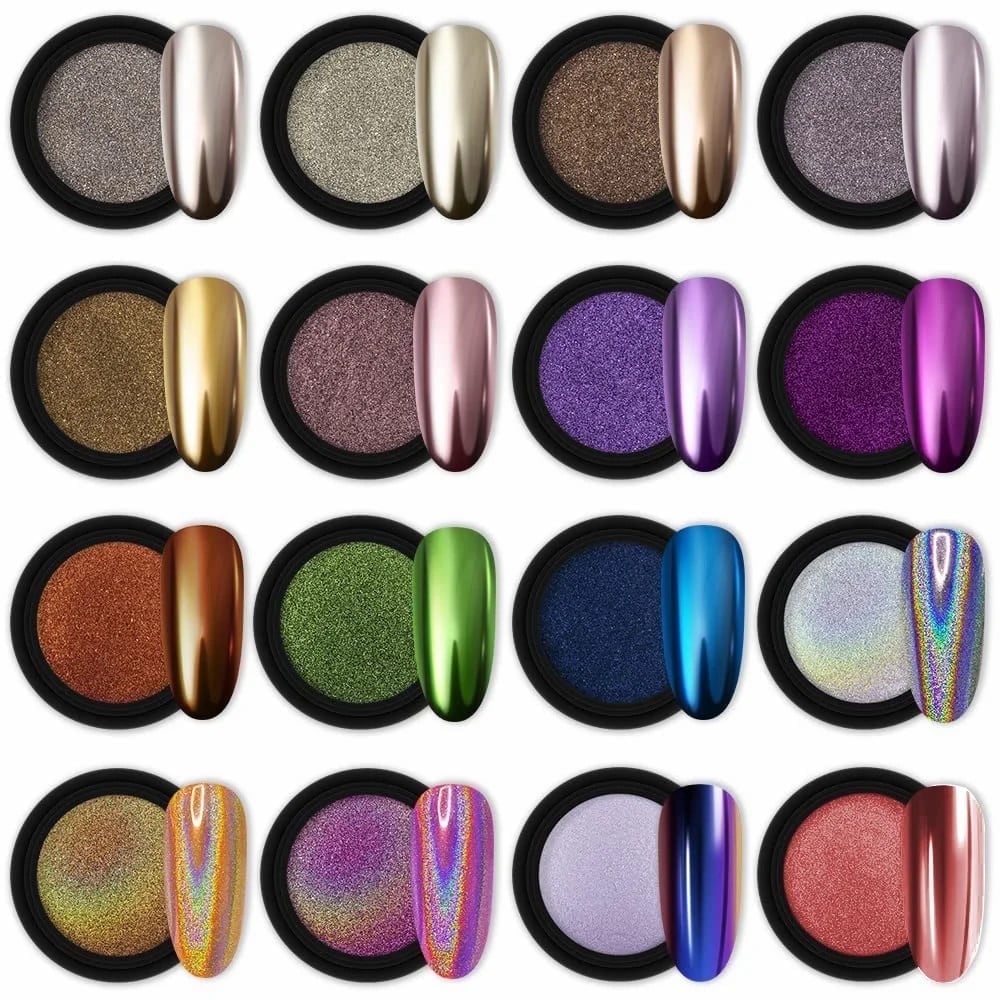 Rongsi 16-Piece Chrome Nail Powder with Metallic Mirror, Holographic, Aurora & Chameleon Effects