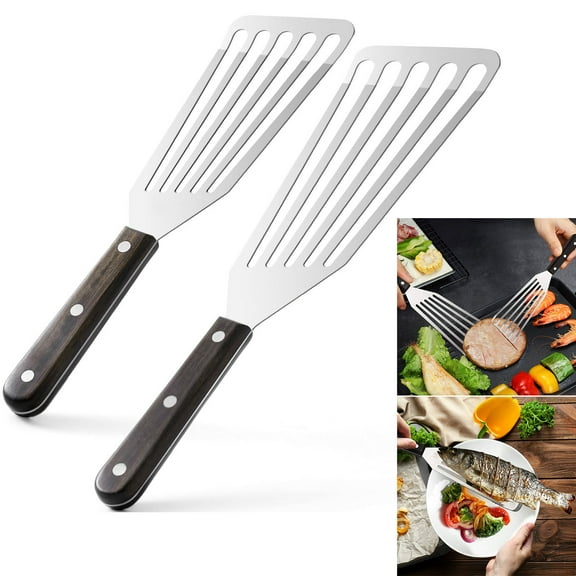 Emlimny 2 Pack  Fish Spatula Stainless Steel (Large & Small) with Wooden Handle Flexible Fish Turner Spatula, Durable Lightweight Metal Slotted Turner Perfect for Flipping Eggs, Burgers and Cooking