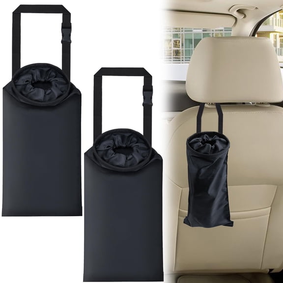 Emlimny 2-Pack Washable Hanging Car Trash Can, Detachable Car Trash Bags with Elastic Vent & Sticky Strap, Seat Back Automotive Trash Bag for Travel, SUV, Van, Outdoor Activities, Car Accessories