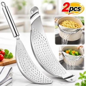 Emlimny 2 Pieces Pot Strainer with Handle Stainless Steel Colander Pasta Drainer Pan Pot Strainer with Recessed Hand Grips Suitable for Spaghetti Fry Noodles Fruit Vegetable Metal Stra Food Drainers