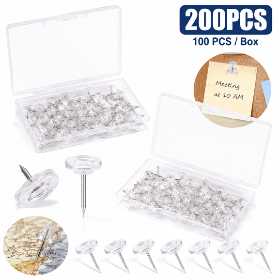 Emlimny 200 PCS Push Pins, 100 PCS / Box Standard Plastic Head Steel Point Clear Thumb Tacks for Wall, Clear Plastic Round Head for Fabric Markers, Crafts and Office Organization (Clear)