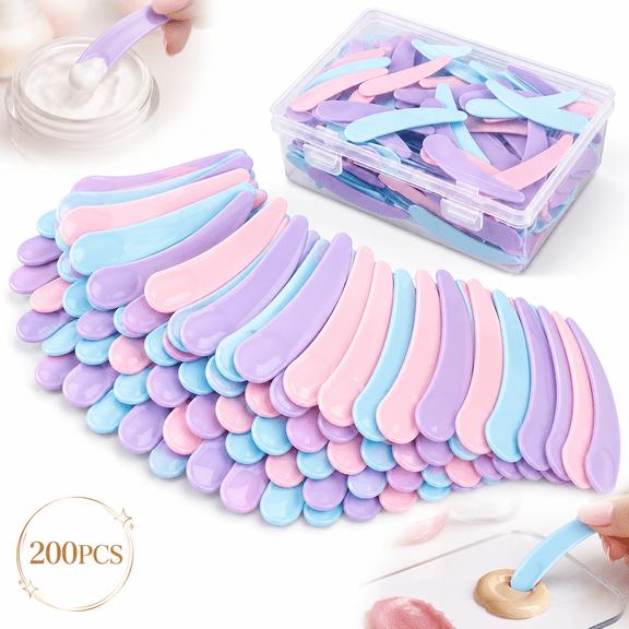 Emlimny 200 Pcs Disposable Mini Spoon for Makeup, Plastic Cosmetic Scoops Mixing Paddles for Sampling Cream, Lip Gloss, Mini Spatula for Foundation - Multi Colored with Storage Box