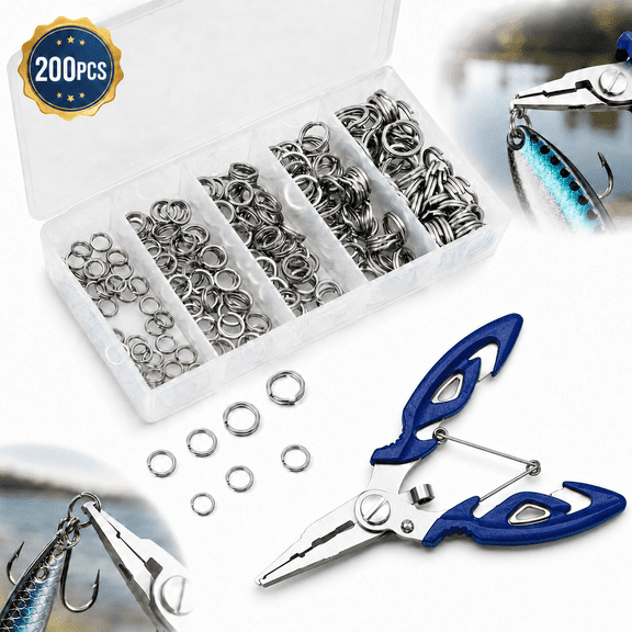 Emlimny 200PCS Stainless Steel Split Ring Fishing Connectors, Swivels Snap with Pliers Kit - 30lb to 120lb Test Heavy Duty for Lure Tackle