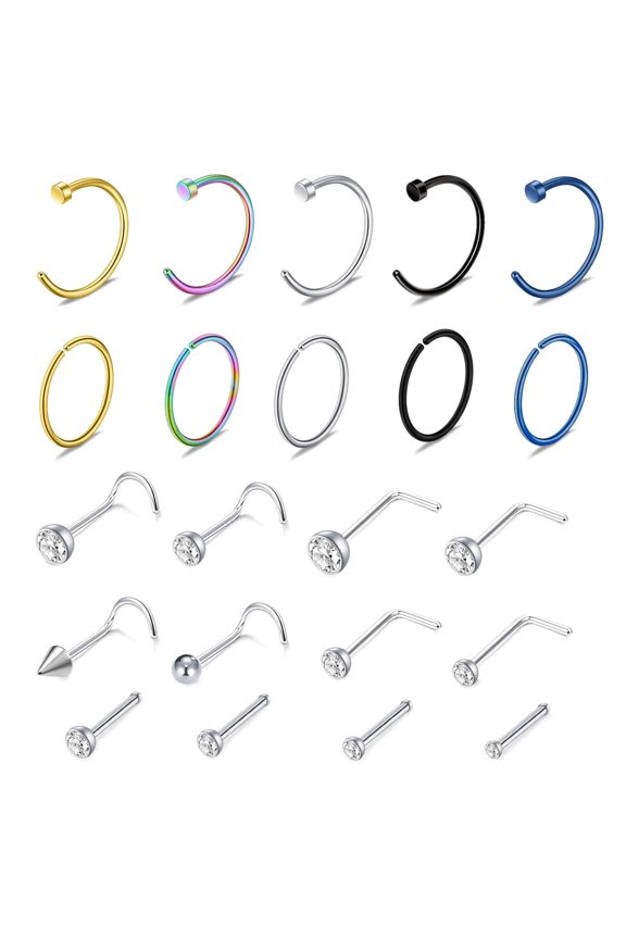 Emlimny 22 Pcs Nose Rings Hoop Surgical Stainless Steel Nose Rings Studs Screw Hypoallergenic Stainless Steel Nose Rings Hoop L-Shaped Nose Stud Hoop Nose Piercing Jewelry for Women Set