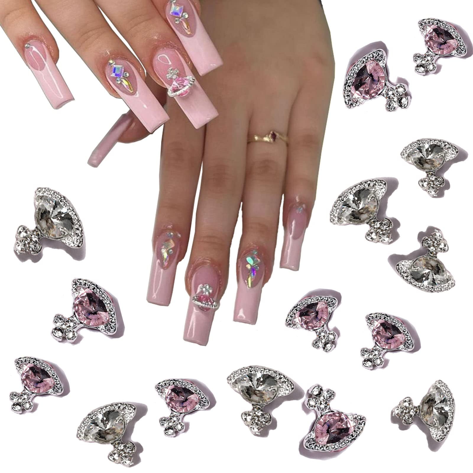 Emlimny 24PCS Nail Art Charms 8 * Clear + 16 * Pink Nail Charms 3D Shiny Nail Supplies