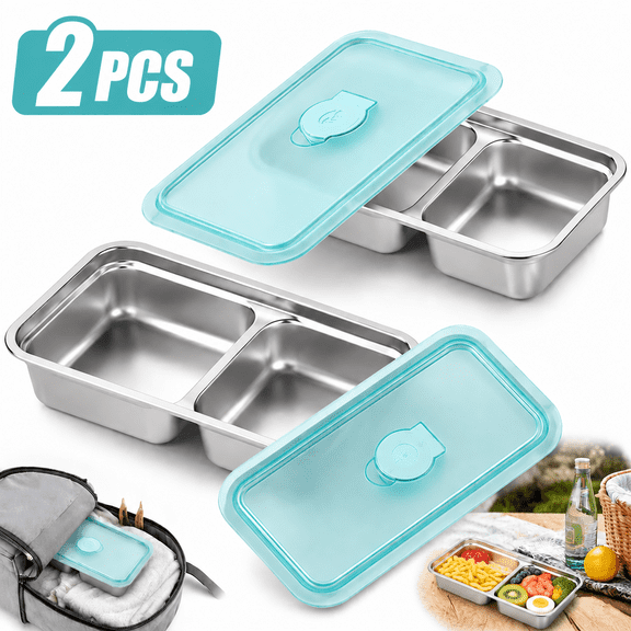 Emlimny 2pcs Snack Containers,Stainless Steel 2 Compartment Snack Containers with Lids, Reusable Condiment Container-Dishwasher Safe,Travel & Outdoor Camping Food Storage