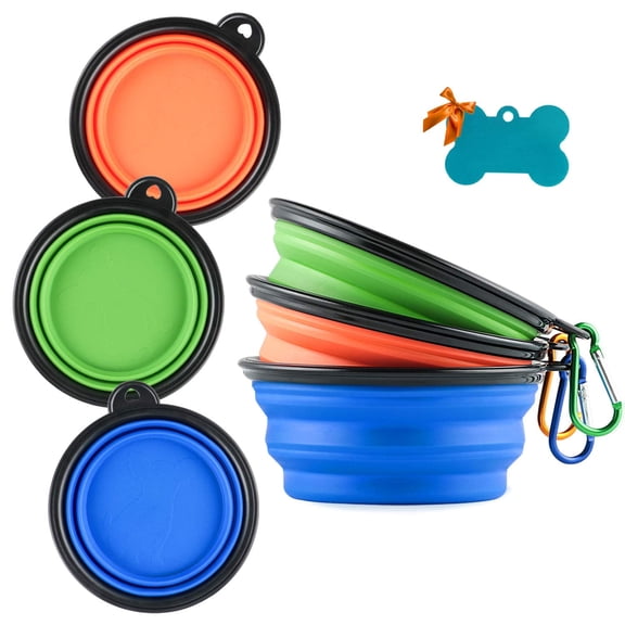 Emlimny 3 Pack Collapsible Silicone Dog Bowl, Foldable Expandable Cup Dish for Small Pet Cat Food Water Feeding Portable Travel Bowl, Pet ID-Tag
