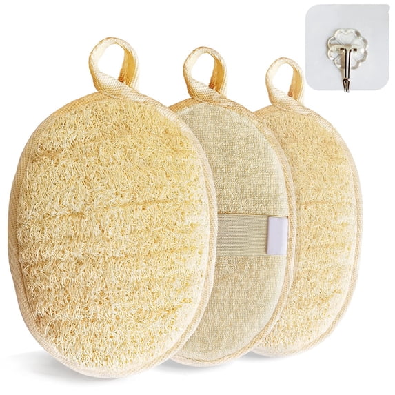 Emlimny 3 Pack Natural Loofah Exfoliating Body Scrubber Pads ,Natural Loofah Sponge Body Scrubber Shower Luffa Sponge with Hooks,Plant Based Shower Luffa Sponge loofah for women and Men