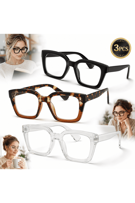 3 Pack Oversize Square Design Reading Glasses for Women, Blue Light Blocking Computer Reader (Black & Leopard & Transparent)