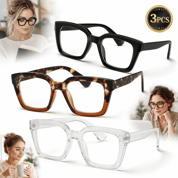 Emlimny 3 Pack Oversize Square Design Reading Glasses for Women, Blue Light Blocking Computer Reader (Black & Leopard & Transparent)