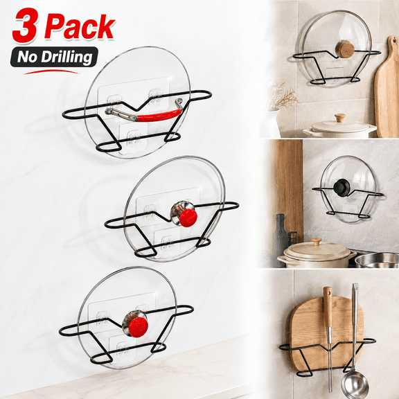 Ustris 3 Pack Pot Lid Organizer, Rust Resistant Pan Lid Holder Organizer, No Drilling Adhesive Pot Lid Holder Inside Cabinet Door Wall Mount, Black Metal