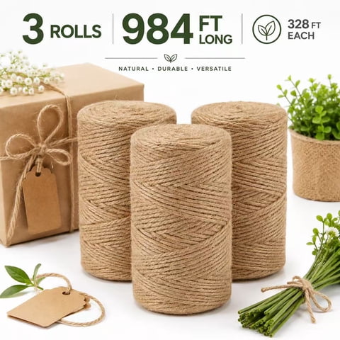 Emlimny 3 Roll Natural Jute Twine 984 Feet Long Twine String,Bulk Hemp Jute Rope Cord Twine 3ply Thin Ribbon Hemp Twine for Crafts Gift Wrapping Packing Crochet Christmas Knitting Macrame Decor