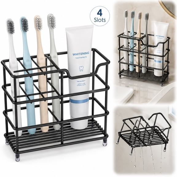 Rongsi Toothbrush Holders,304 Stainless Steel Bathroom Toothbrush Holder Toothpaste Holder Stand Bathroom Accessories Organizer with 4 toothbrush slots(Black)