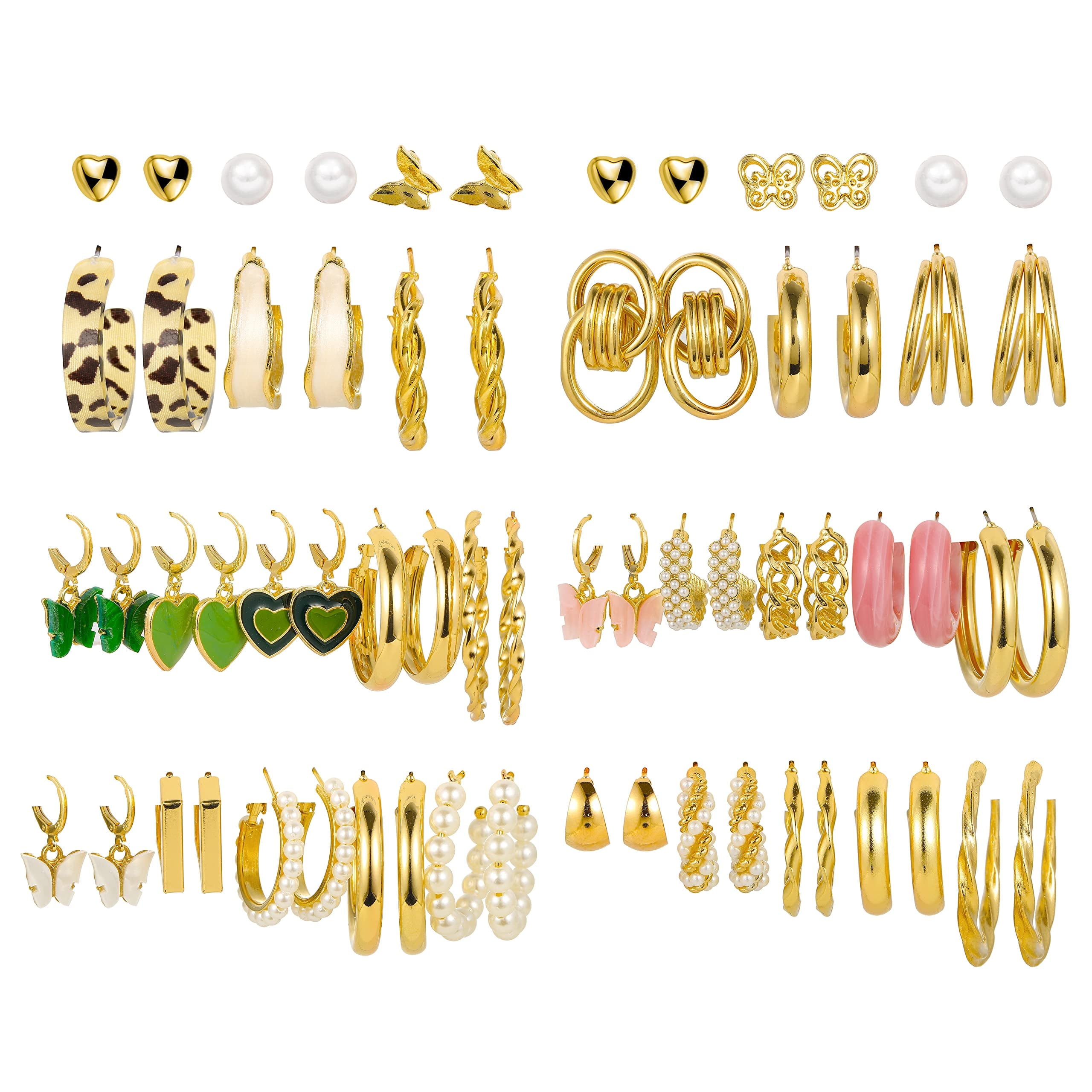 Emlimny 32 Pairs Gold Hoop Earrings Set for Women, Fashion Chain Link Hoop Stud Drop Dangle Earrings Boho Statement Hypoallergenic Earrings for Christmas Jewelry Gift