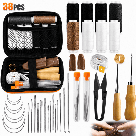 Emlimny 38 Pcs Heavy Duty Sewing Kit for Adults - Upholstery Repair Kit with 8 Thread Spools, Hand Sewing Needles, Tools for Carpet, Canvas, Leather, Denim, DIY Furniture Repair