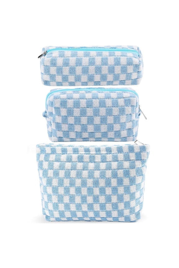 3Pcs Checkered Makeup Bag for Women Large Cosmetic Bag Set Travel Toiletry Bag Makeup Pouch Bag for Purse Blue Zipper Storage Bag Organizer Cute Small Aesthetic Car Essentials Bag