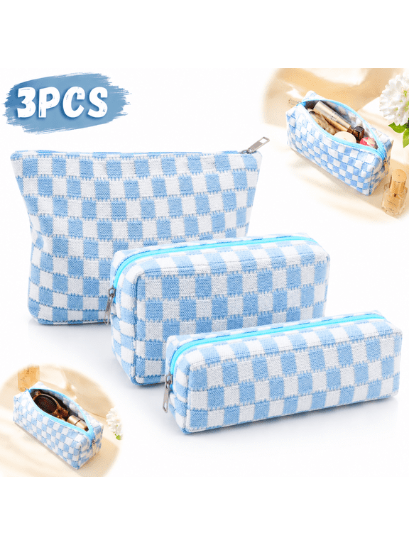 3Pcs Checkered Makeup Bag for Women Large Cosmetic Bag Set Travel Toiletry Bag Makeup Pouch Bag for Purse Blue Zipper Storage Bag Organizer Cute Small Aesthetic Car Essentials Bag